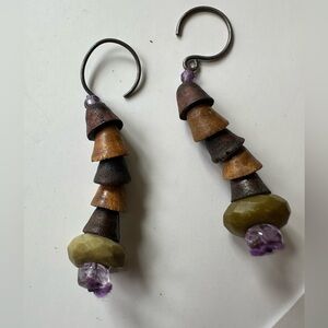 Unique Boho Stacked Wooden Cone Drop Earrings w/Olive and Purple Crystal Beads.